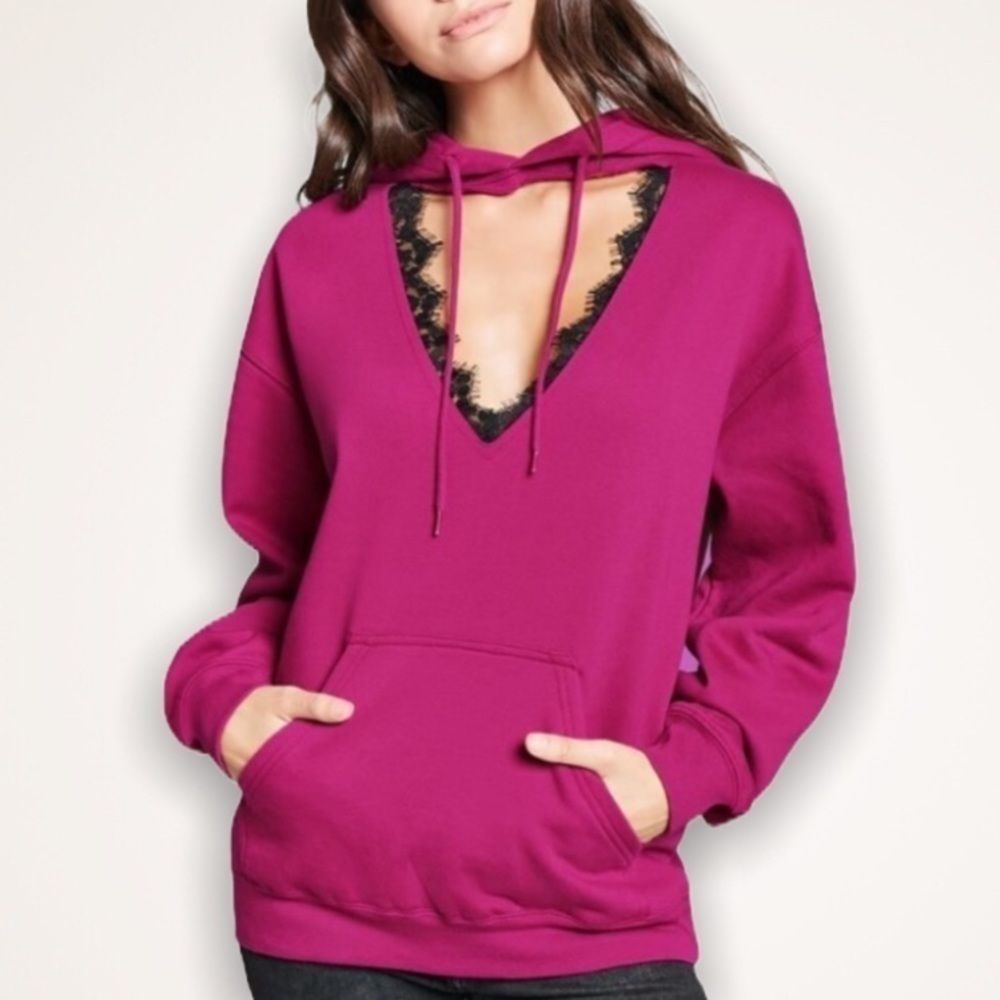F21 Lace Trim Oversized Fuchsia Hoodie